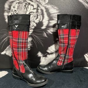 Knee-High Riding Boot Women's 6.5 Red Plaid Faux Leather Tartan Block Heel